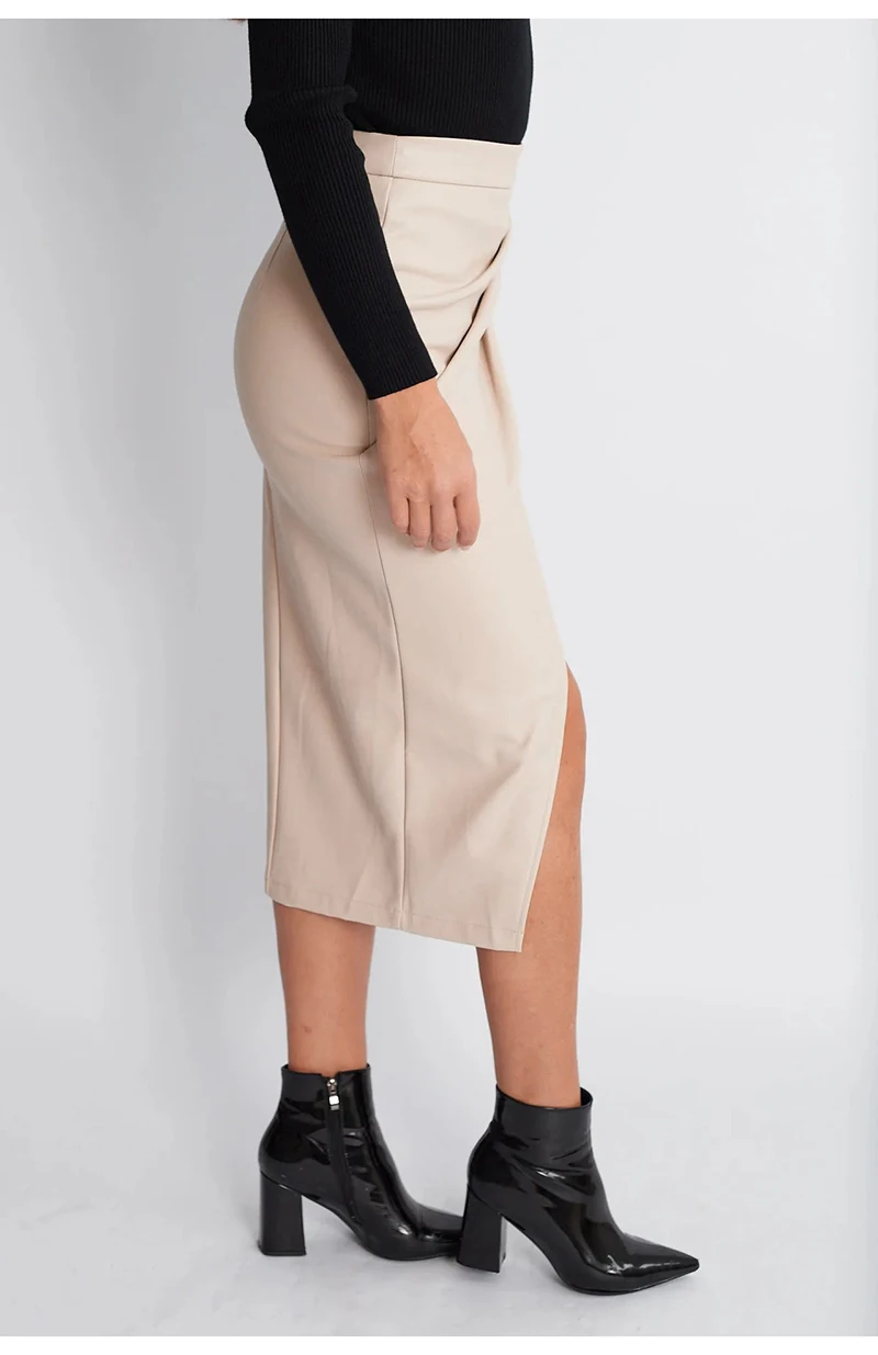 Women Midi Leather Skirt Sexy Split High Waist Zipper PU Front Slit Skirts Ladies Black Faux Leather Folded Skirt For Women