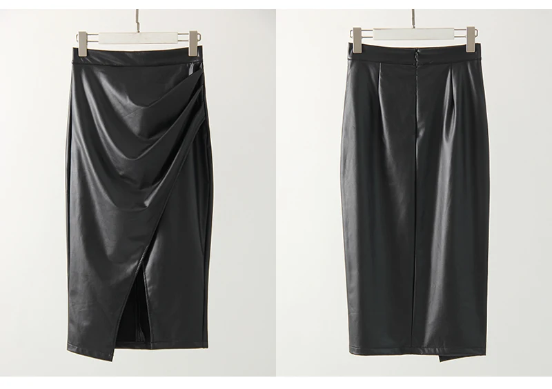 Women Midi Leather Skirt Sexy Split High Waist Zipper PU Front Slit Skirts Ladies Black Faux Leather Folded Skirt For Women