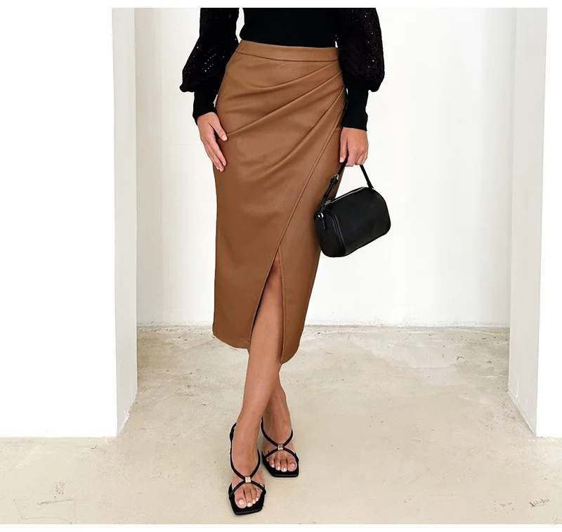 Women Midi Leather Skirt Sexy Split High Waist Zipper PU Front Slit Skirts Ladies Black Faux Leather Folded Skirt For Women