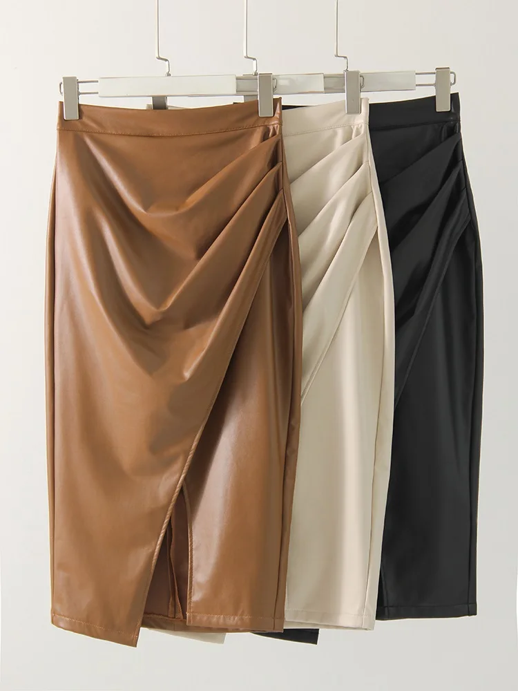 Women Midi Leather Skirt Sexy Split High Waist Zipper PU Front Slit Skirts Ladies Black Faux Leather Folded Skirt For Women