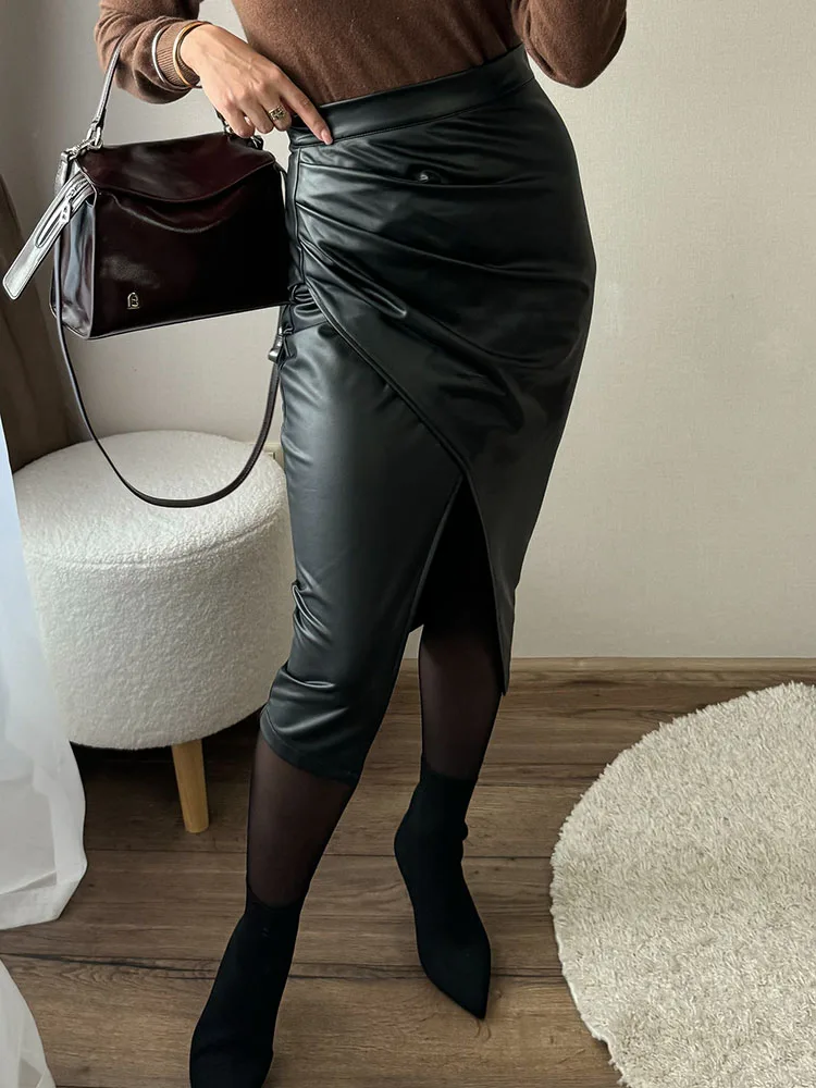 Women Midi Leather Skirt Sexy Split High Waist Zipper PU Front Slit Skirts Ladies Black Faux Leather Folded Skirt For Women