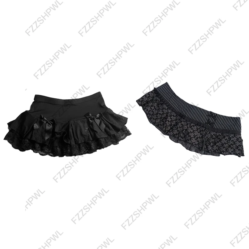 Black Skull Print Ruffle Mini Skirt Striped Waist Asymmetric Hem Gothic Punk Y2K Alternative Fashion Skirt for Women