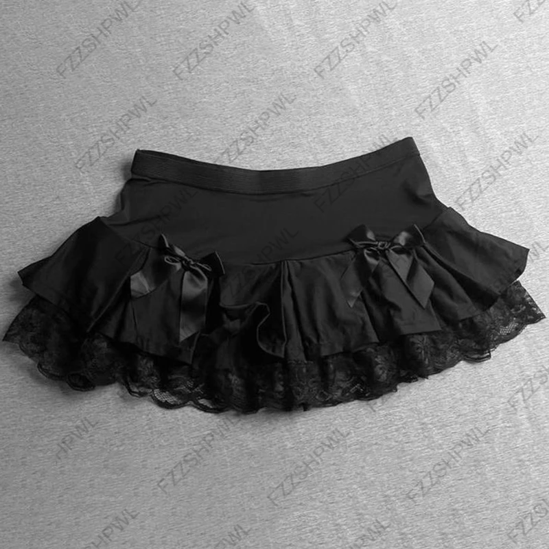 Black Skull Print Ruffle Mini Skirt Striped Waist Asymmetric Hem Gothic Punk Y2K Alternative Fashion Skirt for Women