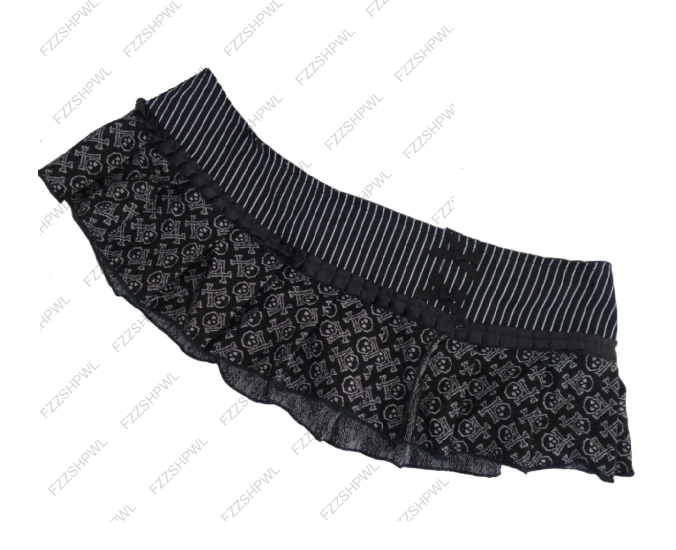 Black Skull Print Ruffle Mini Skirt Striped Waist Asymmetric Hem Gothic Punk Y2K Alternative Fashion Skirt for Women