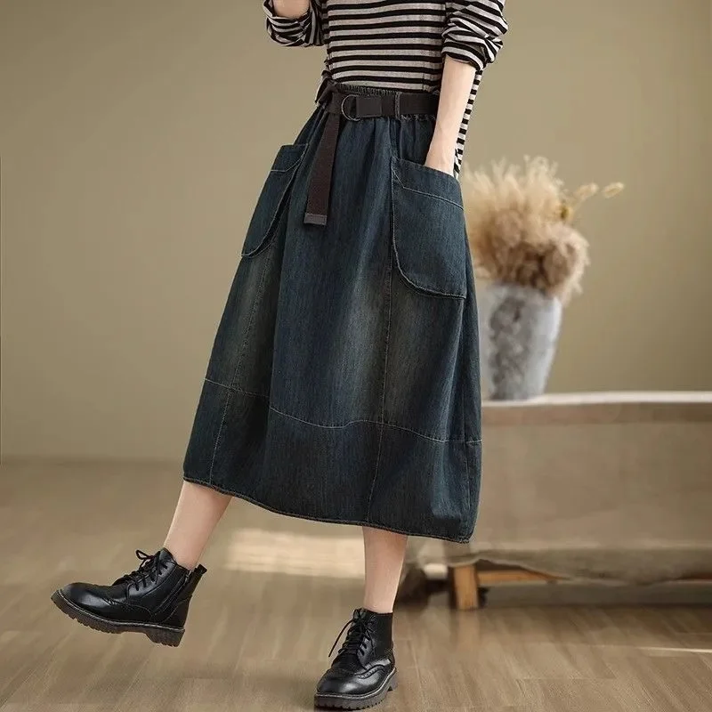 Spring Female High-end Loose Denim Skirts 2025 Women Large Size 5XL A-line Jeans Korean Ladies Fashion High Waist Cowboy Skirt
