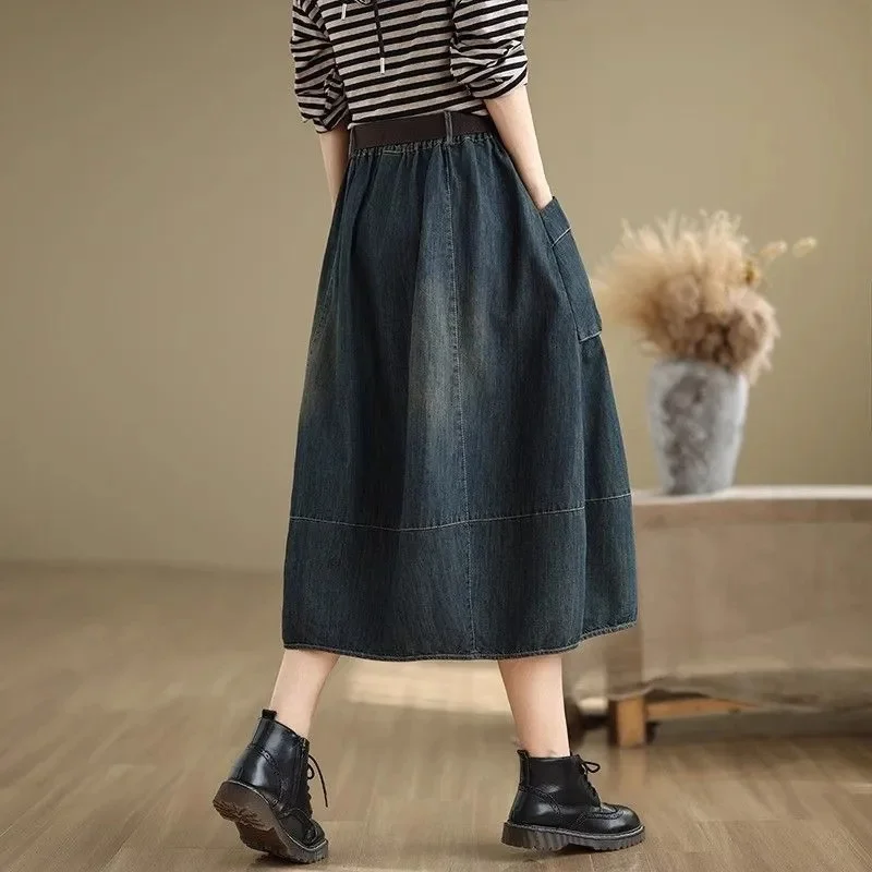 Spring Female High-end Loose Denim Skirts 2025 Women Large Size 5XL A-line Jeans Korean Ladies Fashion High Waist Cowboy Skirt