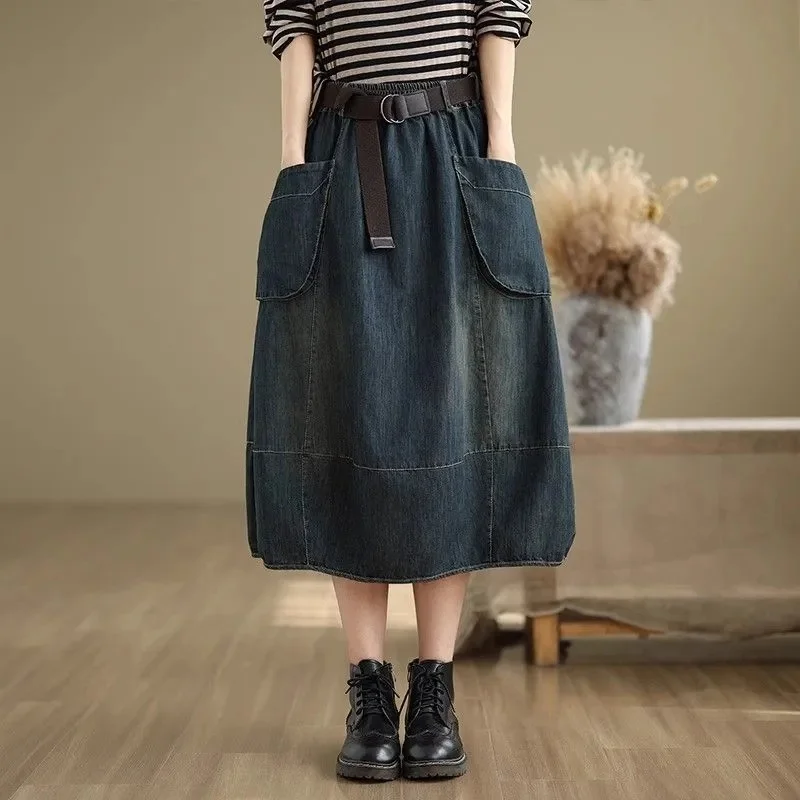 Spring Female High-end Loose Denim Skirts 2025 Women Large Size 5XL A-line Jeans Korean Ladies Fashion High Waist Cowboy Skirt