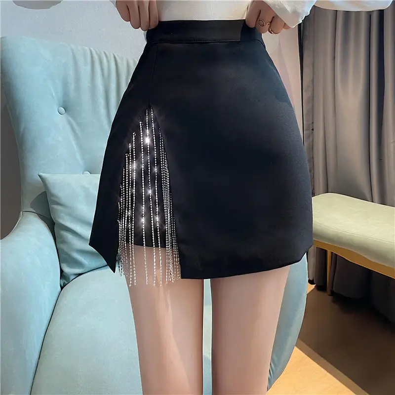Women's Skirt Rhinestone Irregular Coquette Black Female Skirts with Slit V Clothing Trend 2025 Y2k Vintage Aesthetic Stylish