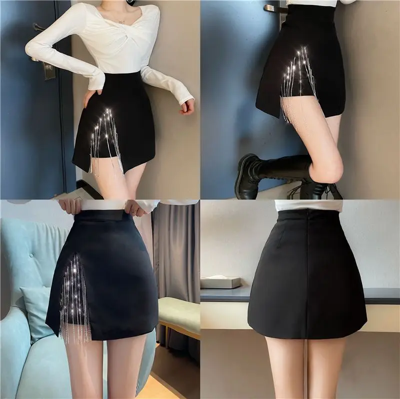 Women's Skirt Rhinestone Irregular Coquette Black Female Skirts with Slit V Clothing Trend 2025 Y2k Vintage Aesthetic Stylish