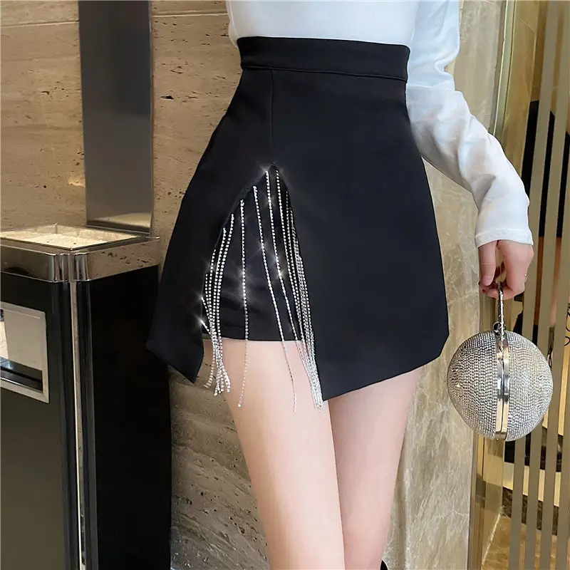 Women's Skirt Rhinestone Irregular Coquette Black Female Skirts with Slit V Clothing Trend 2025 Y2k Vintage Aesthetic Stylish