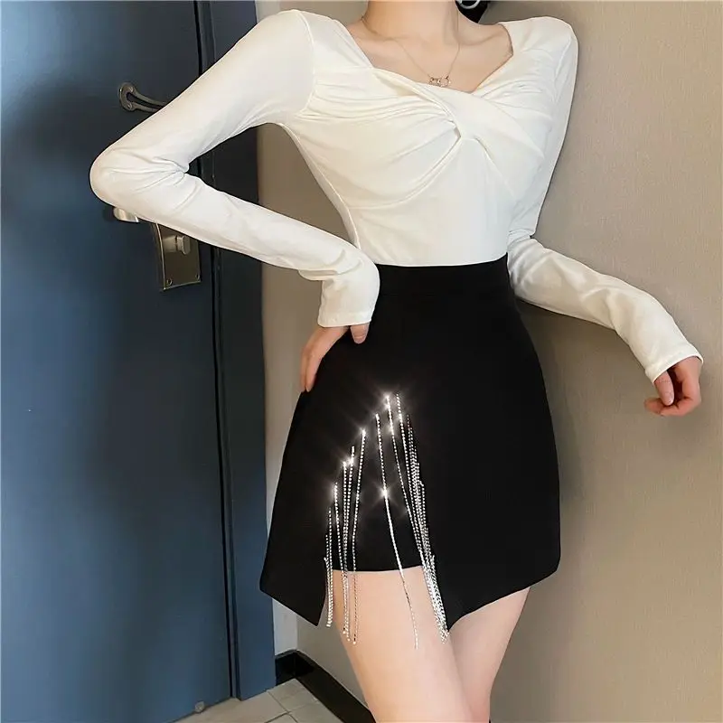 Women's Skirt Rhinestone Irregular Coquette Black Female Skirts with Slit V Clothing Trend 2025 Y2k Vintage Aesthetic Stylish