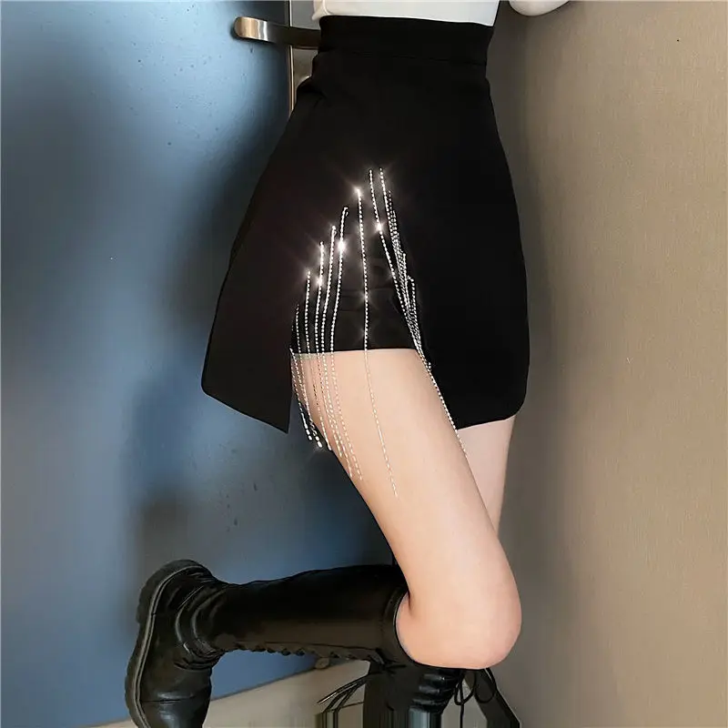 Women's Skirt Rhinestone Irregular Coquette Black Female Skirts with Slit V Clothing Trend 2025 Y2k Vintage Aesthetic Stylish