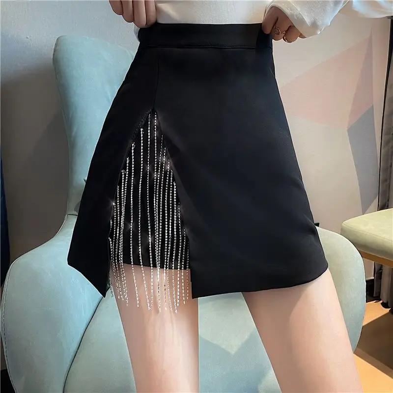 Women's Skirt Rhinestone Irregular Coquette Black Female Skirts with Slit V Clothing Trend 2025 Y2k Vintage Aesthetic Stylish