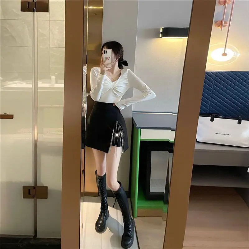 Women's Skirt Rhinestone Irregular Coquette Black Female Skirts with Slit V Clothing Trend 2025 Y2k Vintage Aesthetic Stylish
