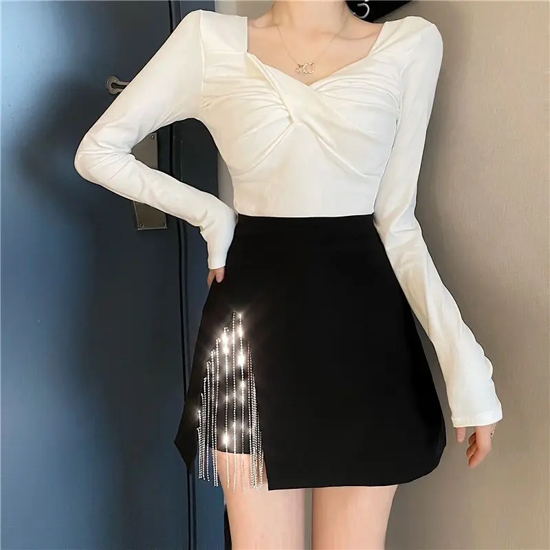 Women's Skirt Rhinestone Irregular Coquette Black Female Skirts with Slit V Clothing Trend 2025 Y2k Vintage Aesthetic Stylish