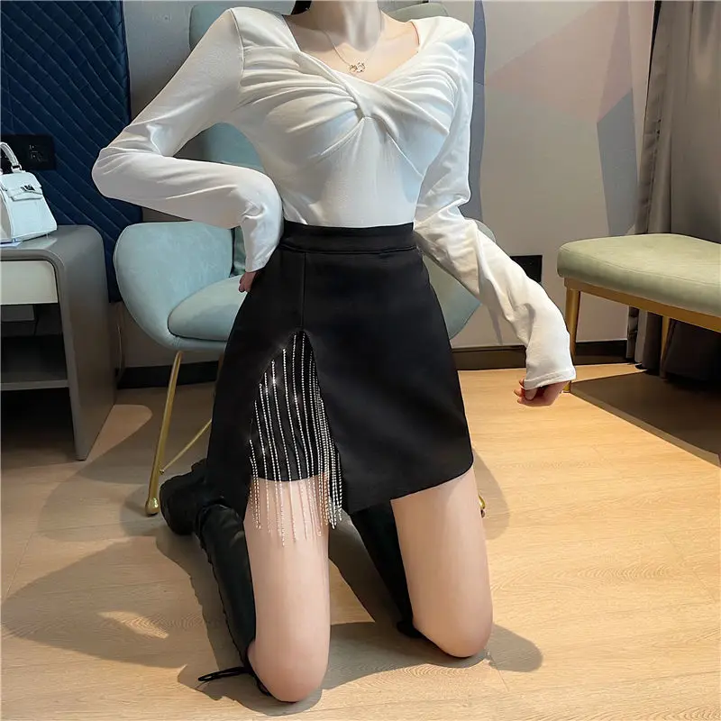Women's Skirt Rhinestone Irregular Coquette Black Female Skirts with Slit V Clothing Trend 2025 Y2k Vintage Aesthetic Stylish