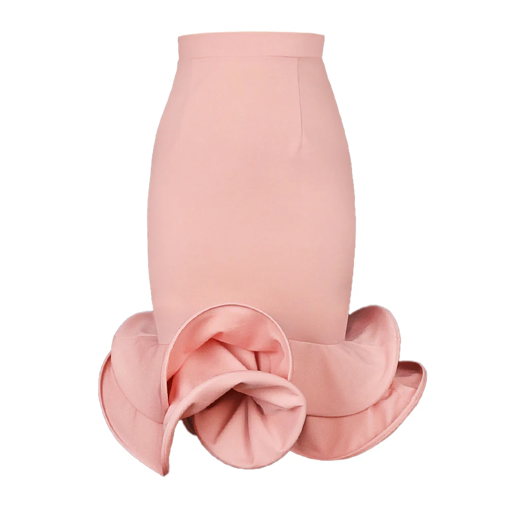 Women Mermaid Skirt High Waist Pink Trumpet Flare Fishtail Sheath Stylish Ruffles Elegant Party Event Elastic Classy Jupes Falad