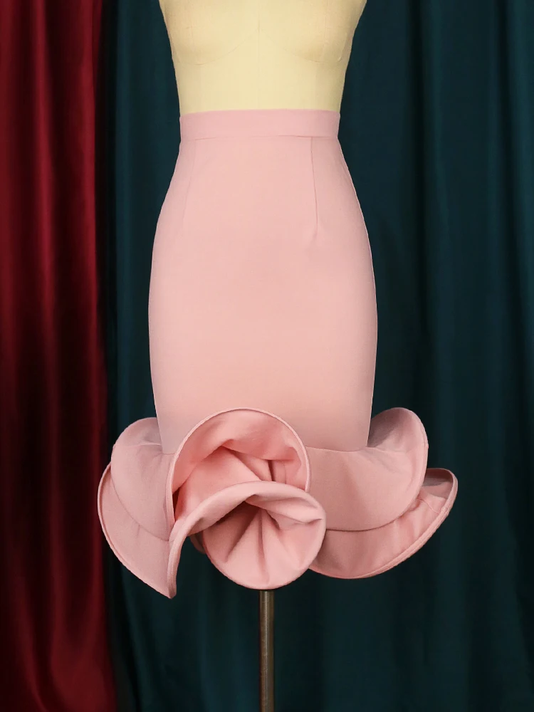 Women Mermaid Skirt High Waist Pink Trumpet Flare Fishtail Sheath Stylish Ruffles Elegant Party Event Elastic Classy Jupes Falad