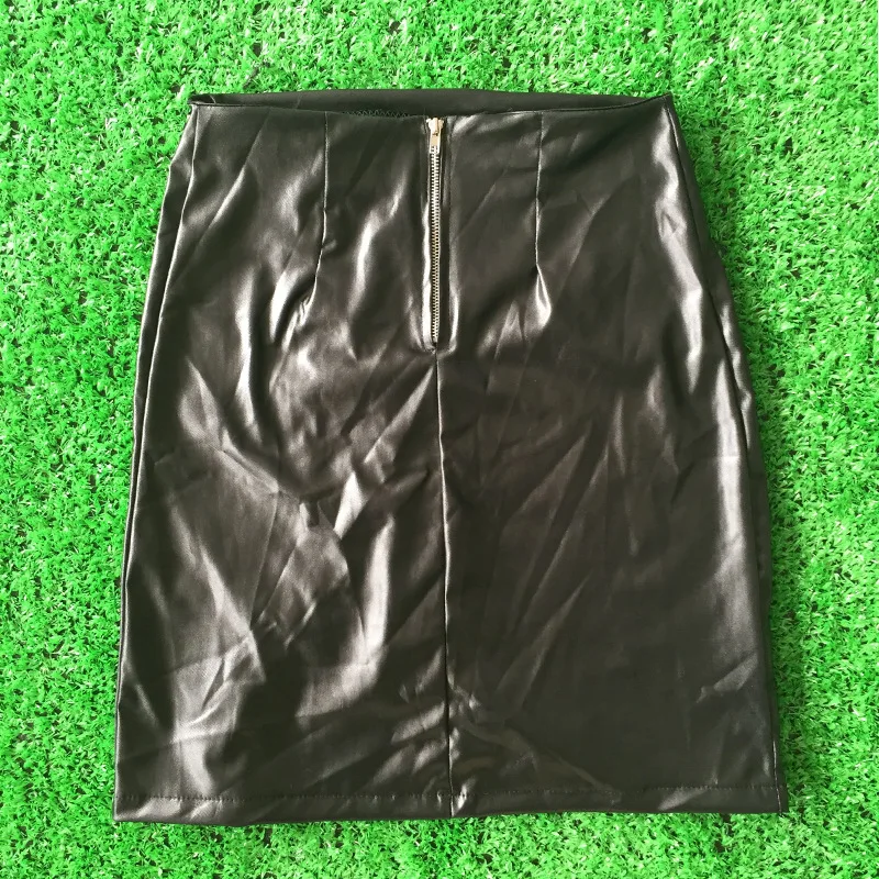Sexy Girls Above Knee Black PU Leather Mini Skirts Spring Women High Waist Bodycon Front Split Elegant Short Skirt