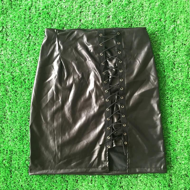 Sexy Girls Above Knee Black PU Leather Mini Skirts Spring Women High Waist Bodycon Front Split Elegant Short Skirt