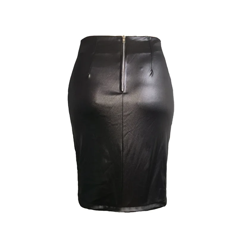Sexy Girls Above Knee Black PU Leather Mini Skirts Spring Women High Waist Bodycon Front Split Elegant Short Skirt