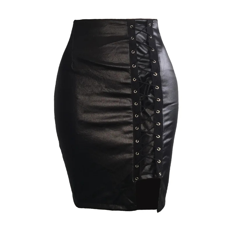Sexy Girls Above Knee Black PU Leather Mini Skirts Spring Women High Waist Bodycon Front Split Elegant Short Skirt