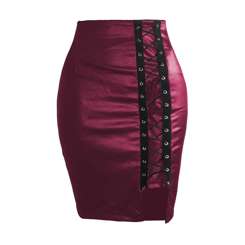 Sexy Girls Above Knee Black PU Leather Mini Skirts Spring Women High Waist Bodycon Front Split Elegant Short Skirt