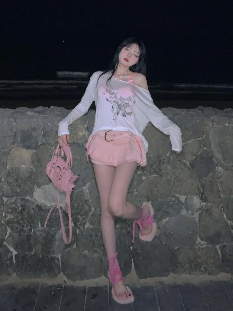 Women's Skirt 2026 New Fashion Fairycore Kawaii Streetwear Clothes Y2K Pink Mini Skirts Aesthetic Sweet Cute High Sweet Slim