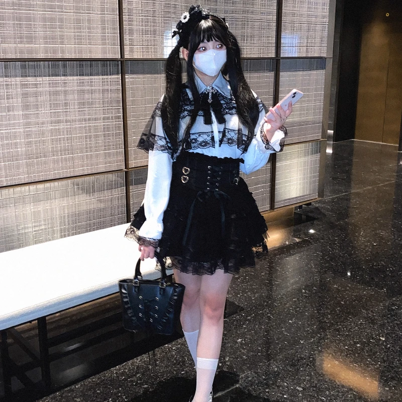 Japanese Sweet Lolita Style Mini Skirt Women Elegant Lace Bandage Party Cake Skirts Female Gothic Y2k Metal Buckle Short Skirt