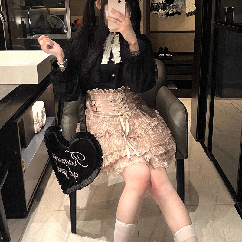 Japanese Sweet Lolita Style Mini Skirt Women Elegant Lace Bandage Party Cake Skirts Female Gothic Y2k Metal Buckle Short Skirt