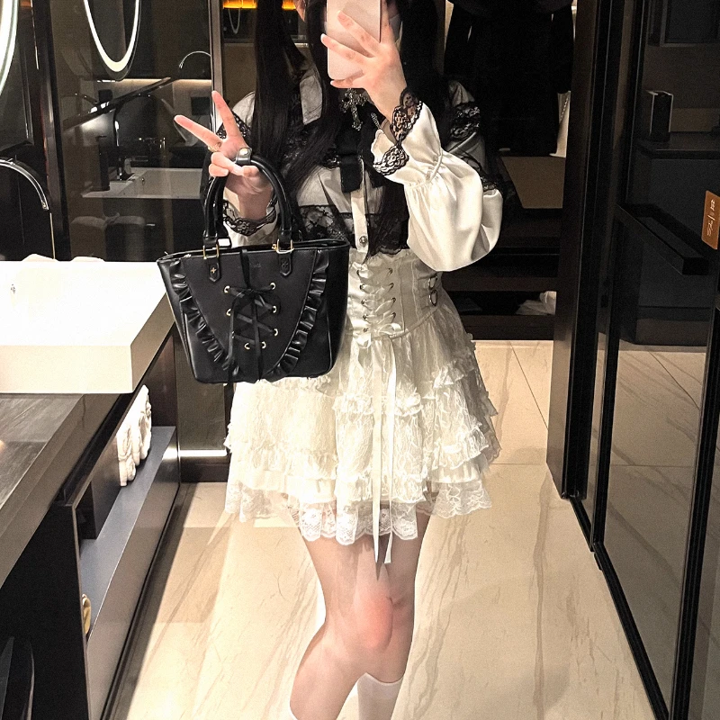 Japanese Sweet Lolita Style Mini Skirt Women Elegant Lace Bandage Party Cake Skirts Female Gothic Y2k Metal Buckle Short Skirt