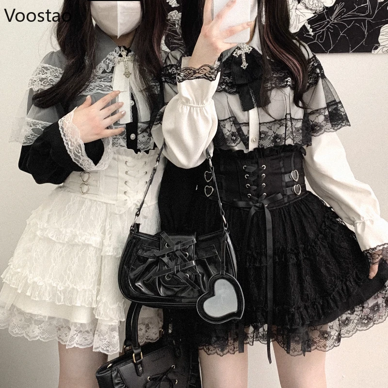 Japanese Sweet Lolita Style Mini Skirt Women Elegant Lace Bandage Party Cake Skirts Female Gothic Y2k Metal Buckle Short Skirt