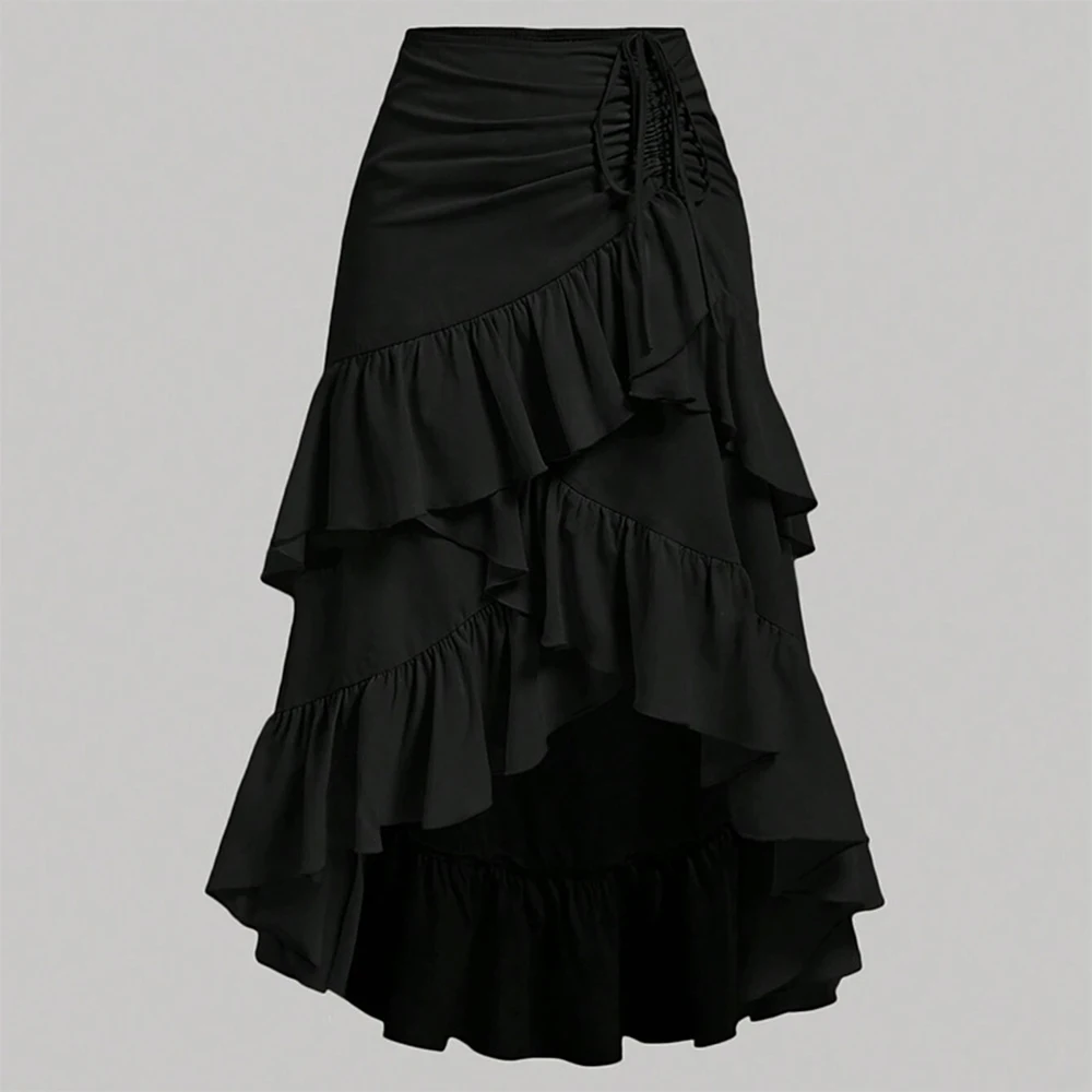 Summer Women A Line Midi Skirt Elegant Asymmetrical Flounce Design Casual Drawstring Waist Skirt for Vacation Daily Wear