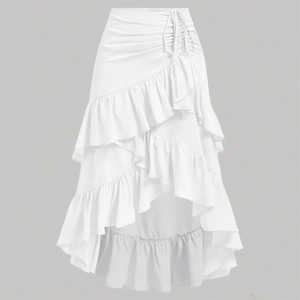 Summer Women A Line Midi Skirt Elegant Asymmetrical Flounce Design Casual Drawstring Waist Skirt for Vacation Daily Wear