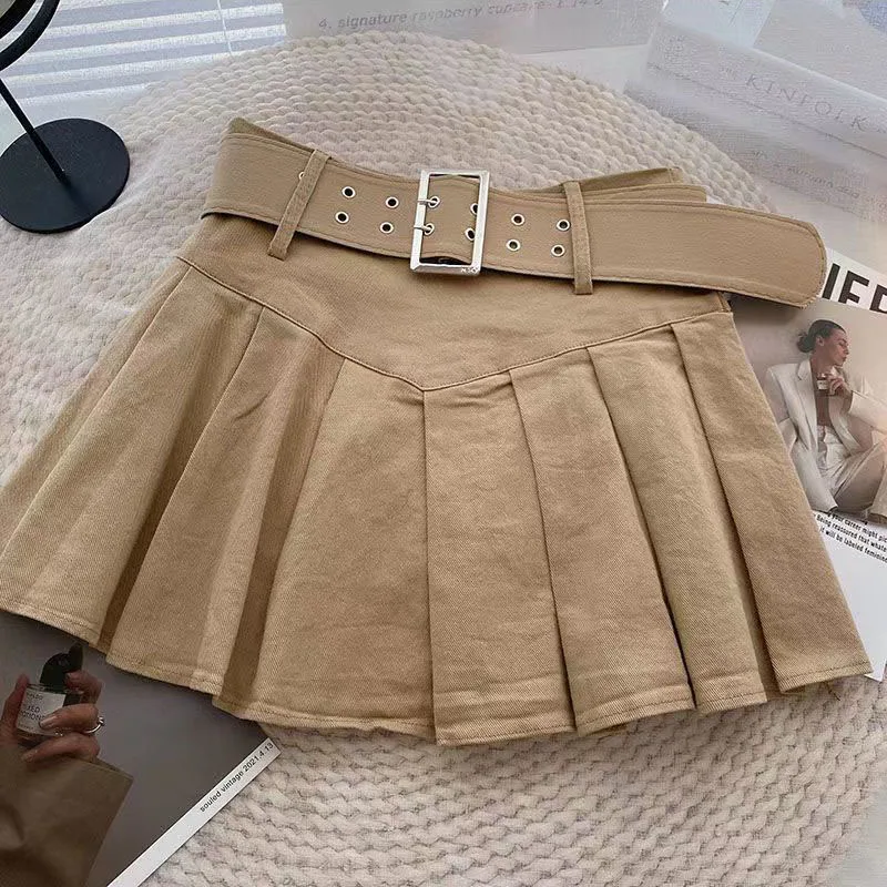 Xpqbb Summer Pleated Skirt Women Korean Fashion with Belt Mini Skirts Girl Kawaii High Waist School Uniform A-Line Short Skirts