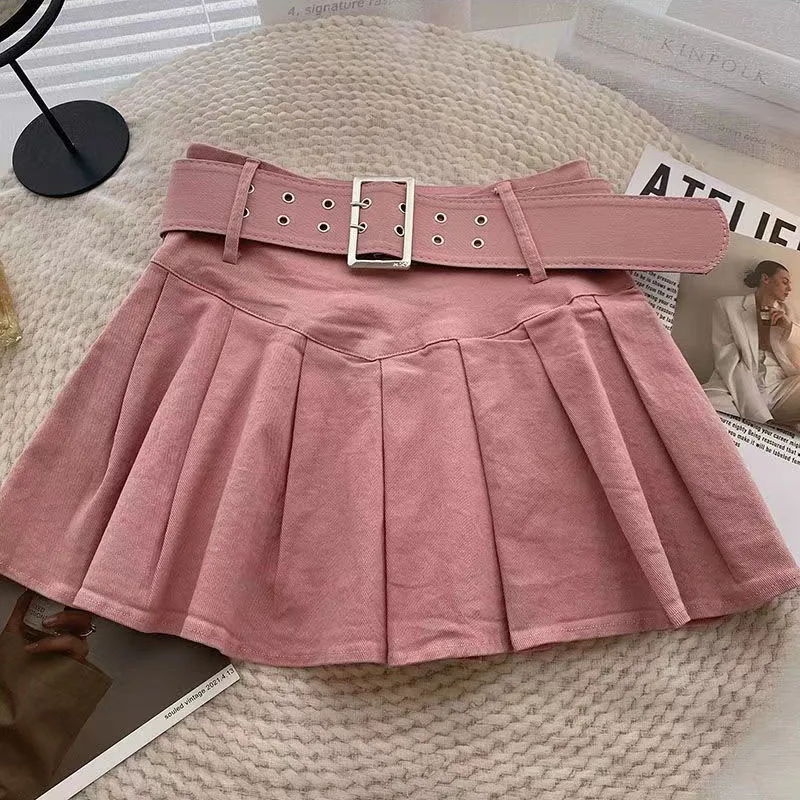 Xpqbb Summer Pleated Skirt Women Korean Fashion with Belt Mini Skirts Girl Kawaii High Waist School Uniform A-Line Short Skirts