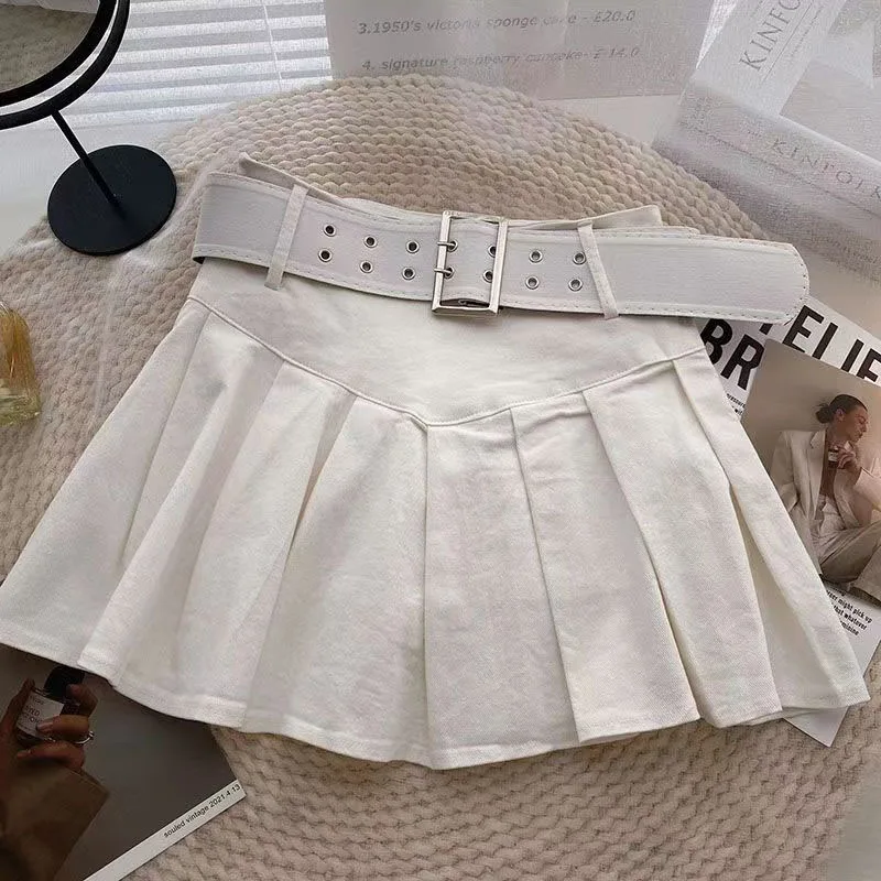 Xpqbb Summer Pleated Skirt Women Korean Fashion with Belt Mini Skirts Girl Kawaii High Waist School Uniform A-Line Short Skirts