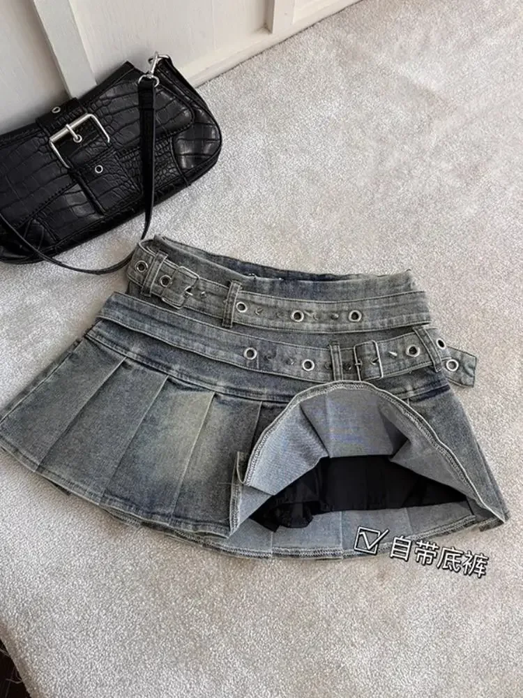 American Vintage Streetwear Sexy Denim Skirts Women's Belt Buckle High Waist Pleated Y2k Skirts Hottie All-match Short Skirt New