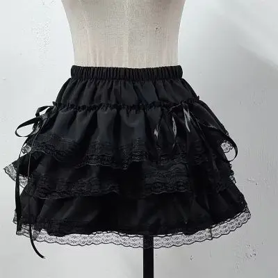 Black Lace Trim Layered Ruffle Mini Skirt Women Gothic Lolita Satin Bow Decor Elastic Waist A-line Short Skirt for Teens 2026