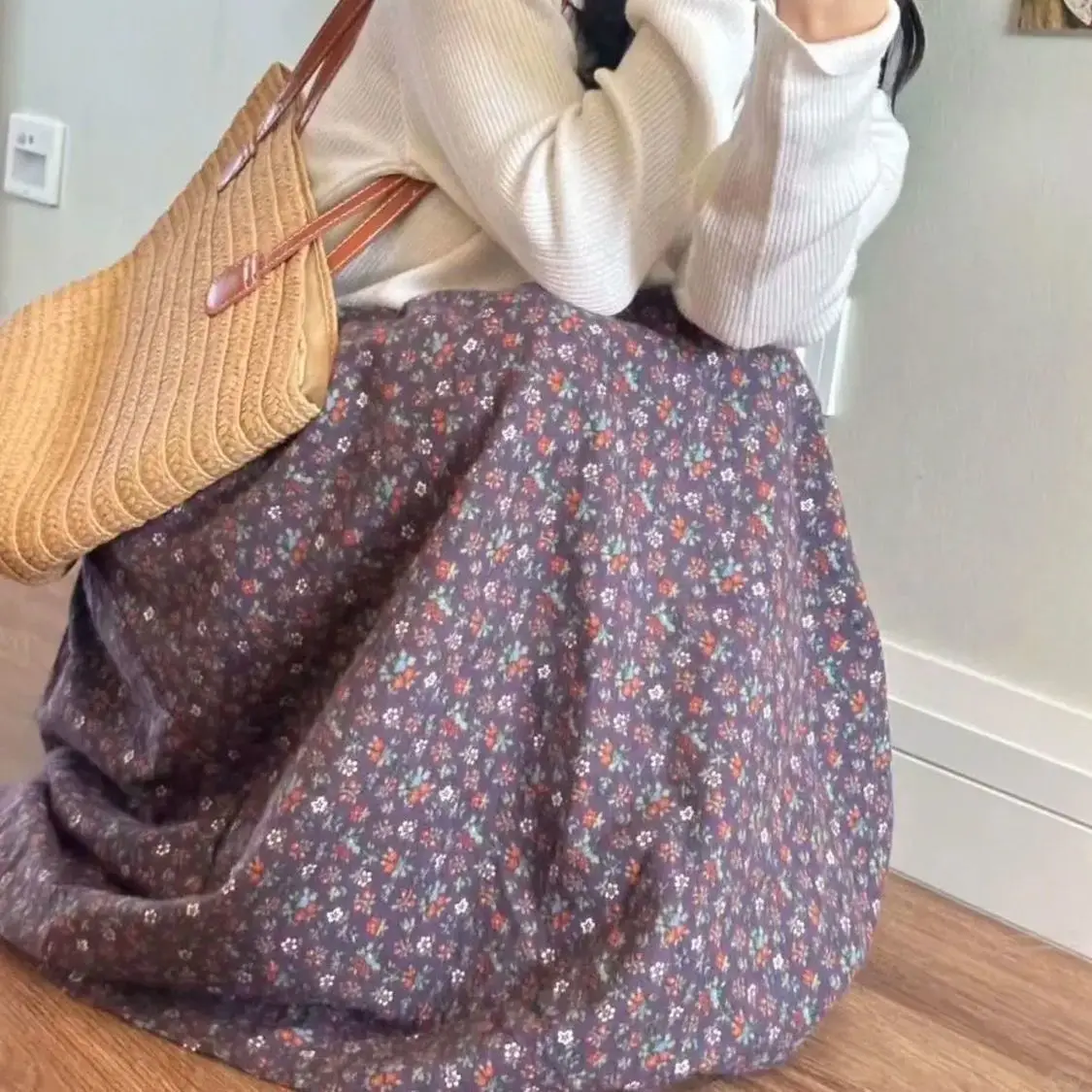 Trendy Floral A-LINE Skirt Women High Waist Summer Vintage Casual Midi Skirt