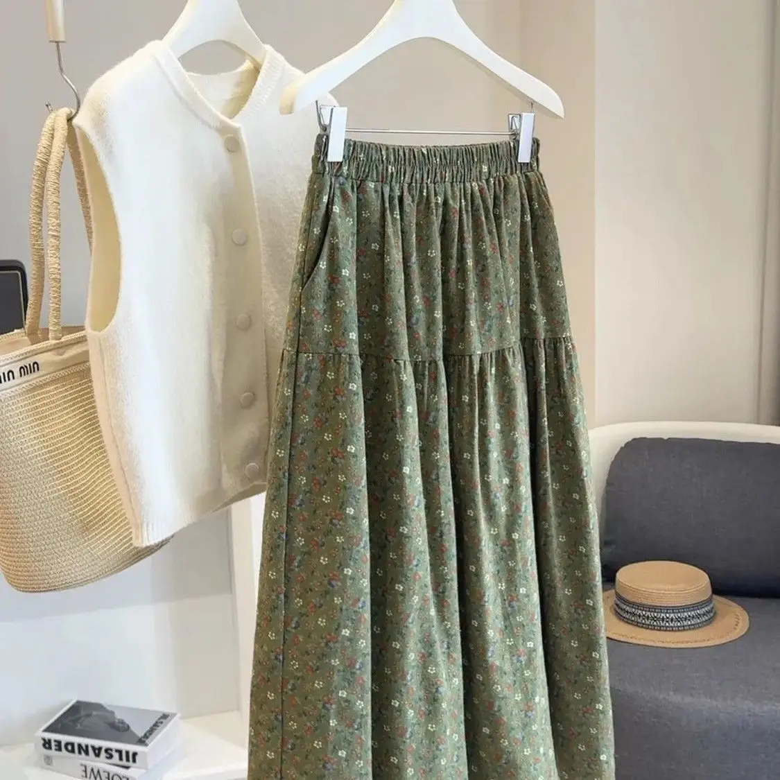 Trendy Floral A-LINE Skirt Women High Waist Summer Vintage Casual Midi Skirt
