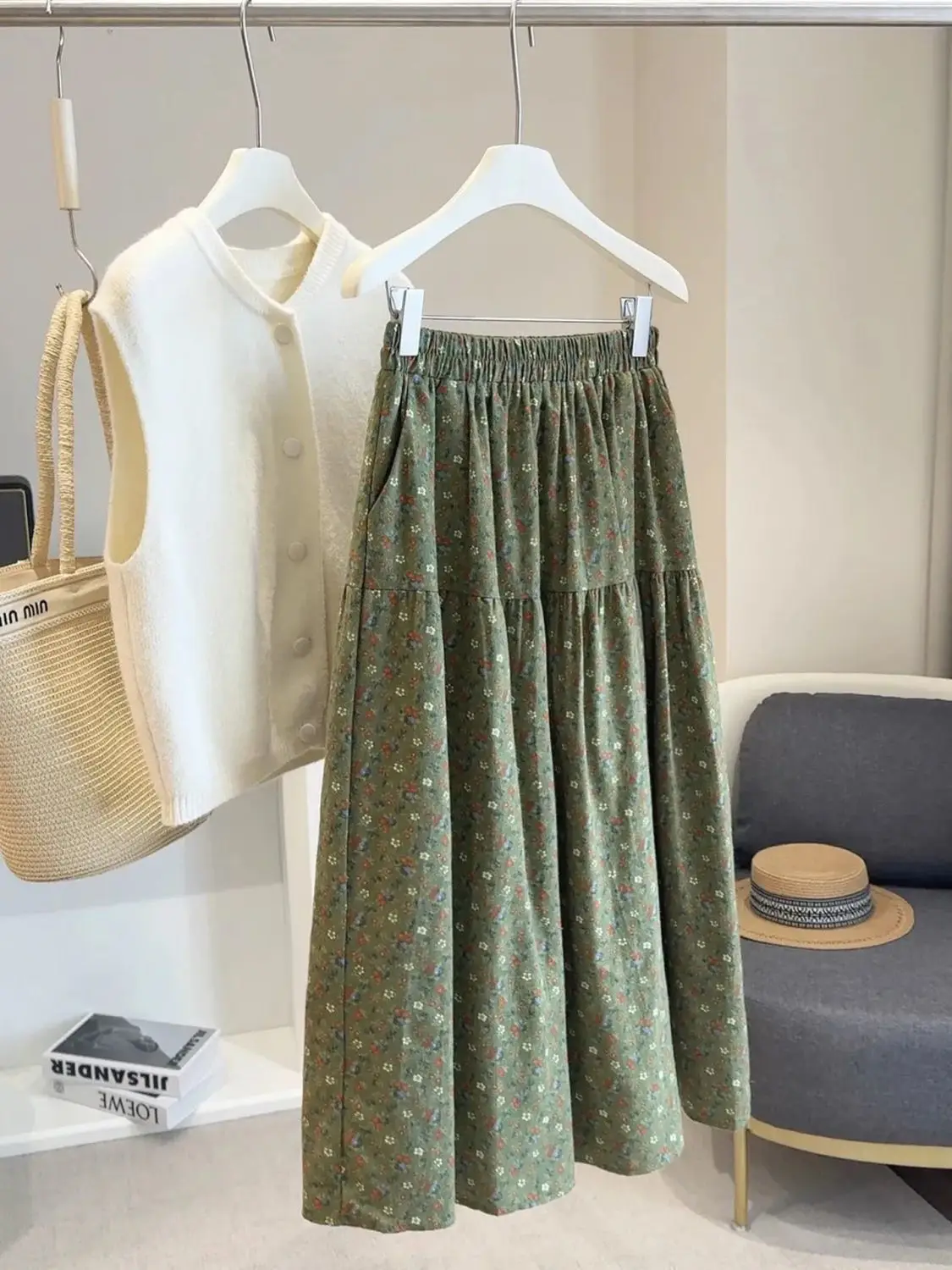 Trendy Floral A-LINE Skirt Women High Waist Summer Vintage Casual Midi Skirt