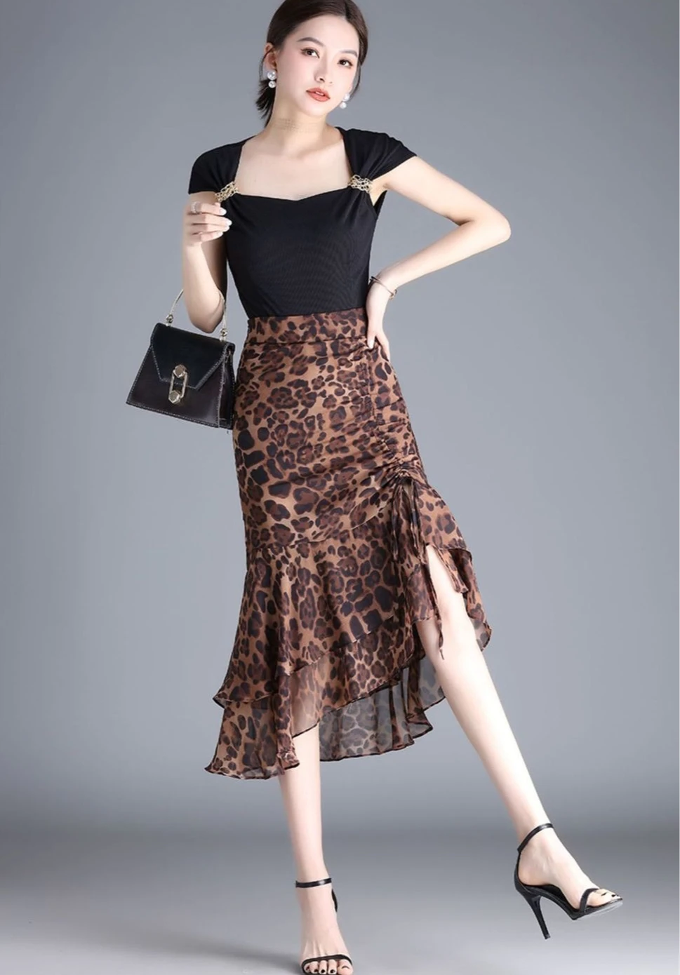 Female Skirts High Waist Leopard Print Chiffon Midi Women's Skirt Irregular A Line Stylish Casual Y2k Vintage Korean Fashion V