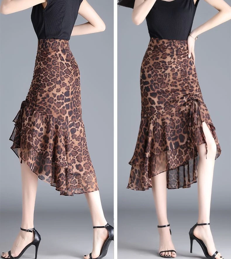 Female Skirts High Waist Leopard Print Chiffon Midi Women's Skirt Irregular A Line Stylish Casual Y2k Vintage Korean Fashion V