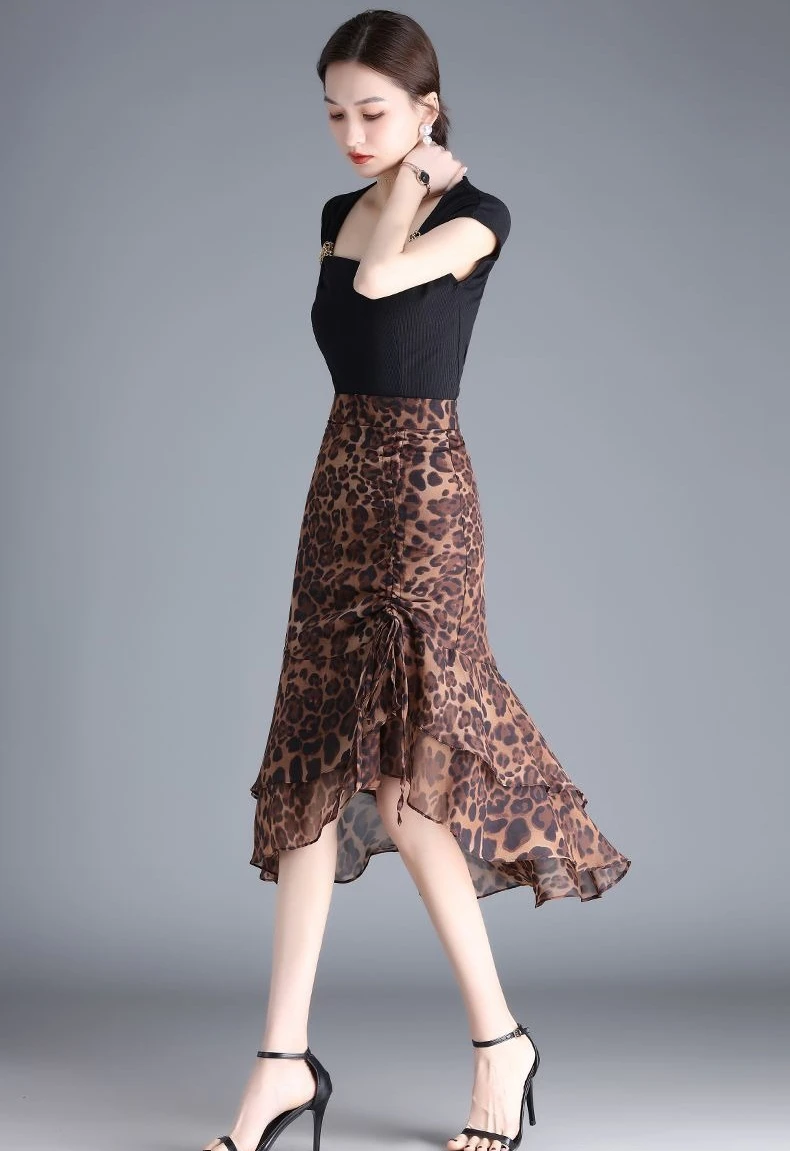 Female Skirts High Waist Leopard Print Chiffon Midi Women's Skirt Irregular A Line Stylish Casual Y2k Vintage Korean Fashion V