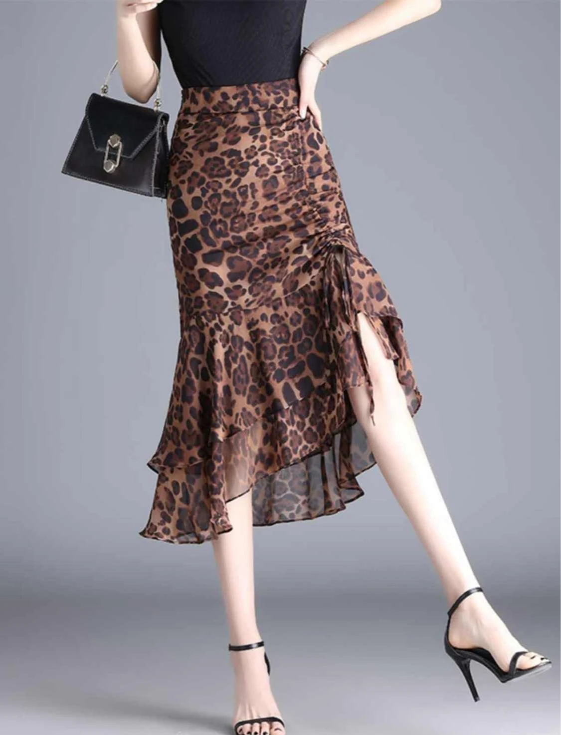 Female Skirts High Waist Leopard Print Chiffon Midi Women's Skirt Irregular A Line Stylish Casual Y2k Vintage Korean Fashion V