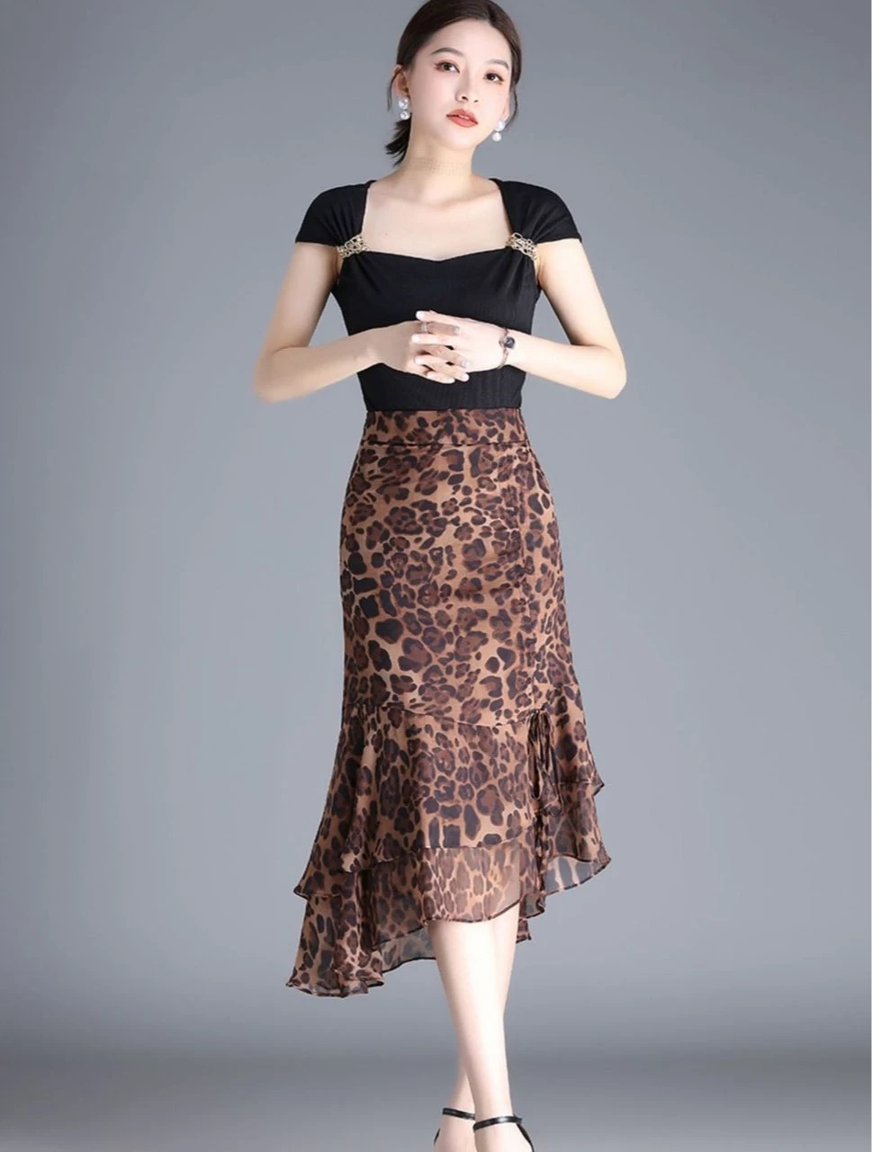 Female Skirts High Waist Leopard Print Chiffon Midi Women's Skirt Irregular A Line Stylish Casual Y2k Vintage Korean Fashion V