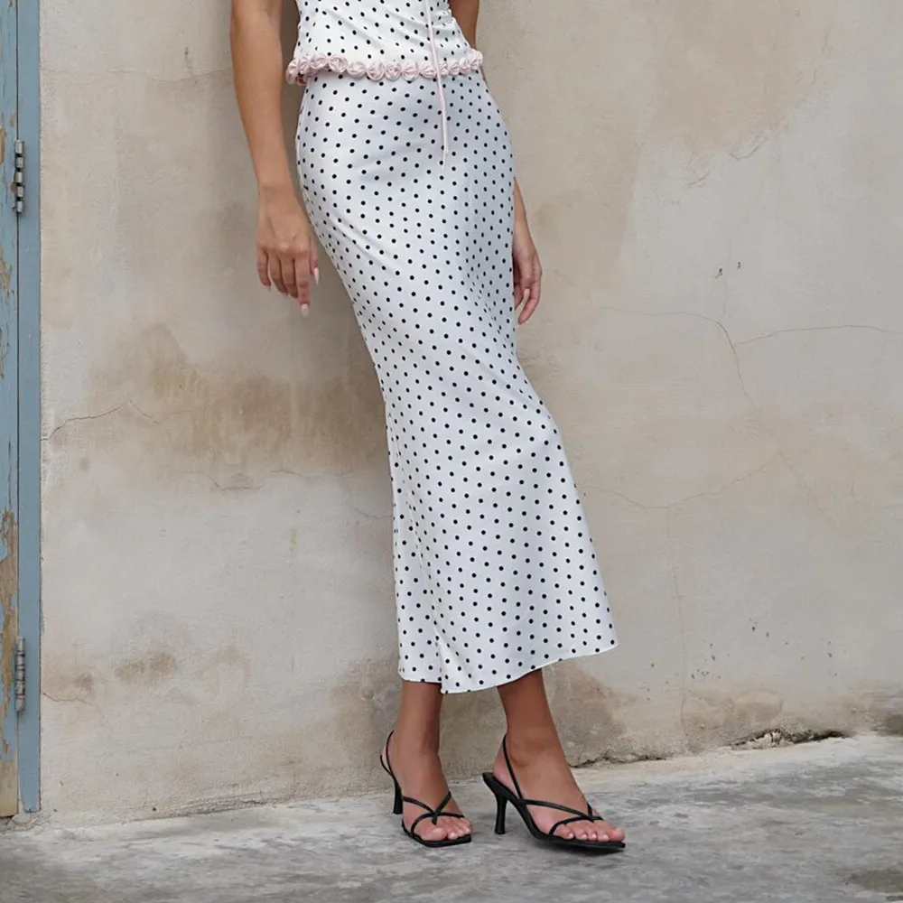Ladies Vintage Polka Dot Satin Skirt Women Streetwear High Waisted Chic Long Pleated Midi Skirts Elegant Maxi Women Skirt Female