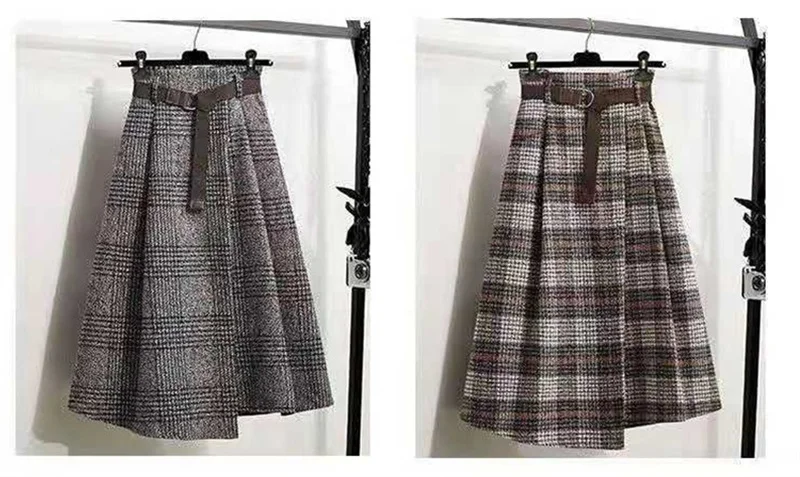 Korean Women Fashion Leisure Plaid Woolen Skirt Autumn Winter New High Waist Mid-Long Irregular Wool Skirts Femme Large Size 4XL