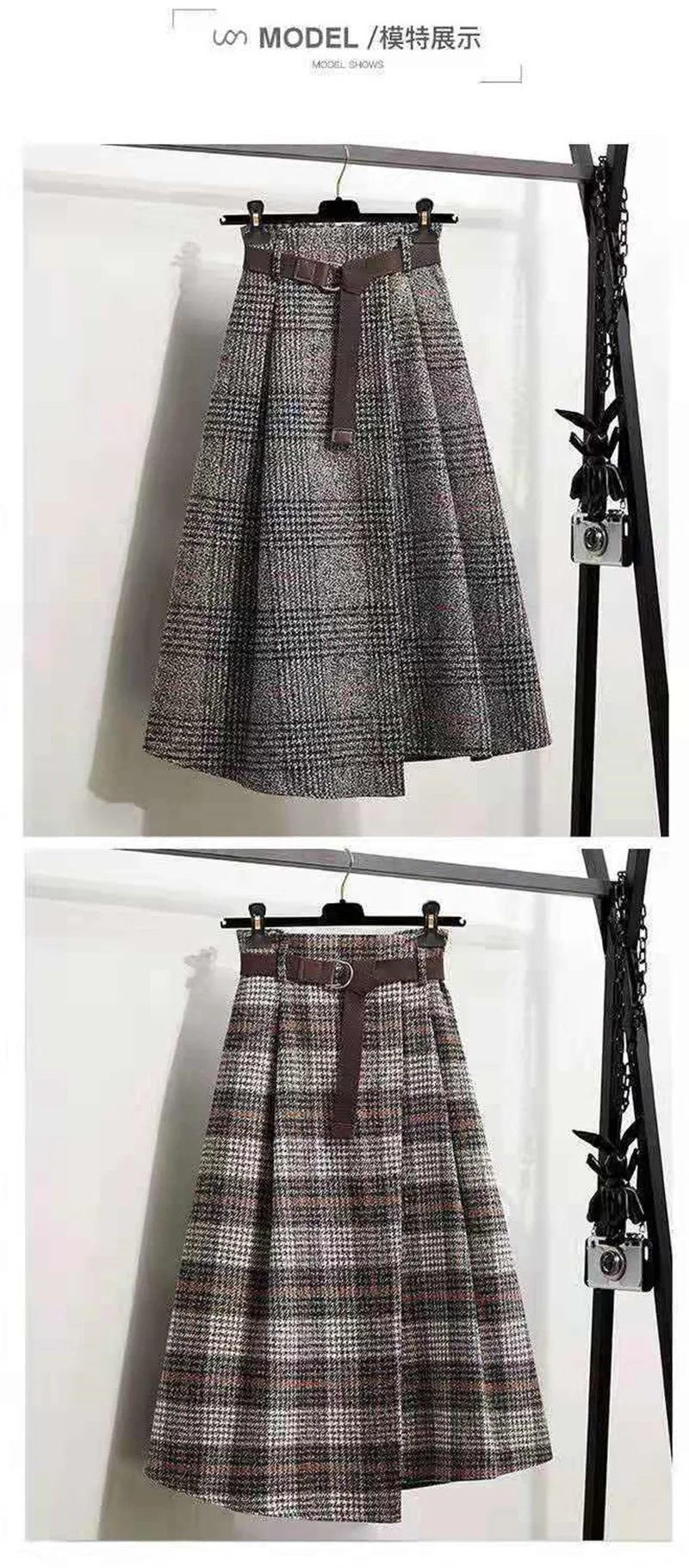 Korean Women Fashion Leisure Plaid Woolen Skirt Autumn Winter New High Waist Mid-Long Irregular Wool Skirts Femme Large Size 4XL